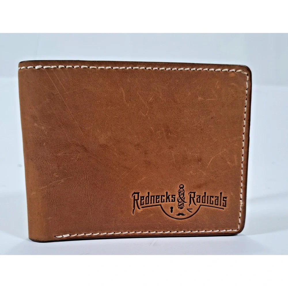 Rednecks‎ & Radicals Mens Brown Distressed Leather Bifold Wallet Barber Logo